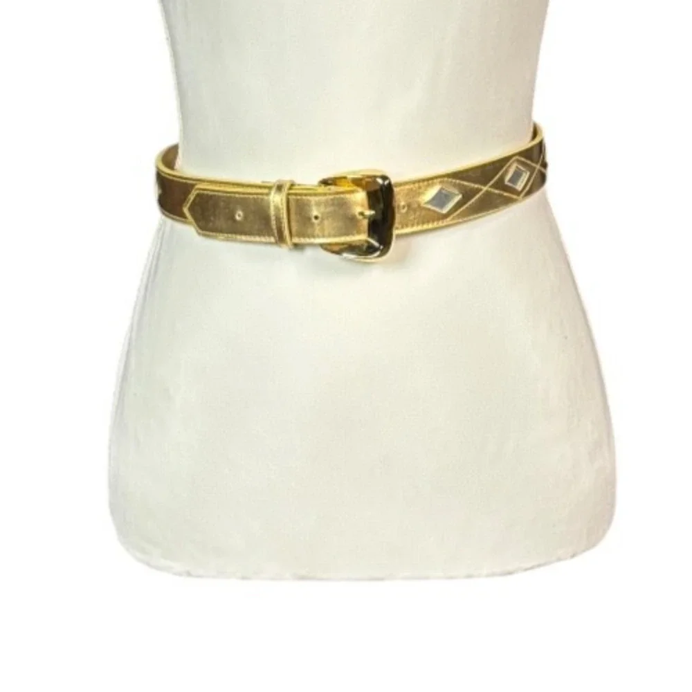 Vintage Liz Claiborne Statement Belt Gold Size Medium Faux Leather Retro Diamond